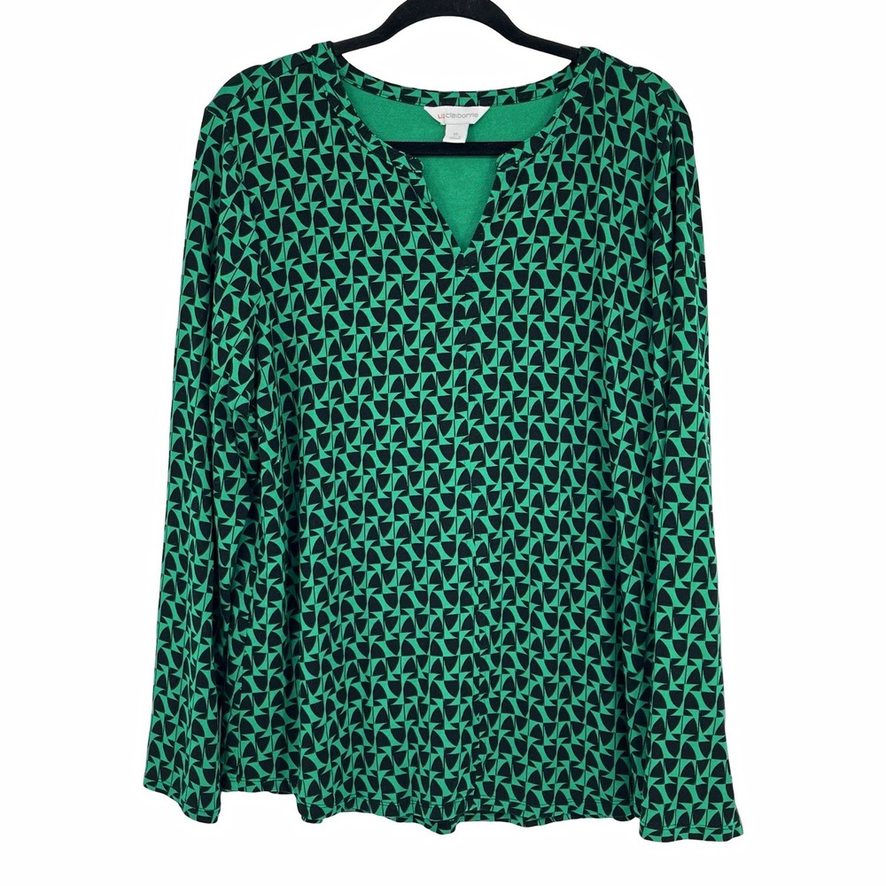 Liz Claiborne XL Green Black Geometric Tunic Top Stretch Mod Retro Blouse